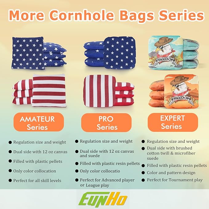 EunHo Dual Sided Cornhole Bags Regulation Set of 8 Professional Cornhole Bean Bags Slick and Stick for Tossing Game-All Weather