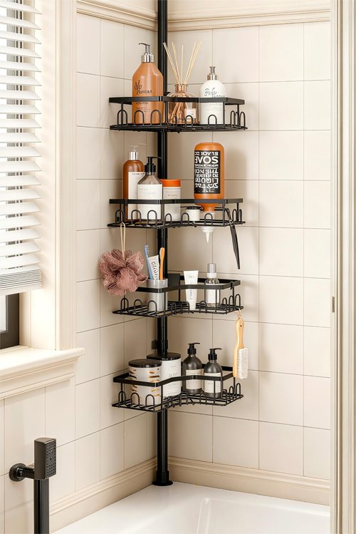 HouseUp Corner Shower Caddy Tension Pole - 4-Tier Shower Corner Shelf for Bathtub Bathroom Shower Organizer - Adjustable 34in-120in, Space Saving Bathtub Accessory Shelves, Black