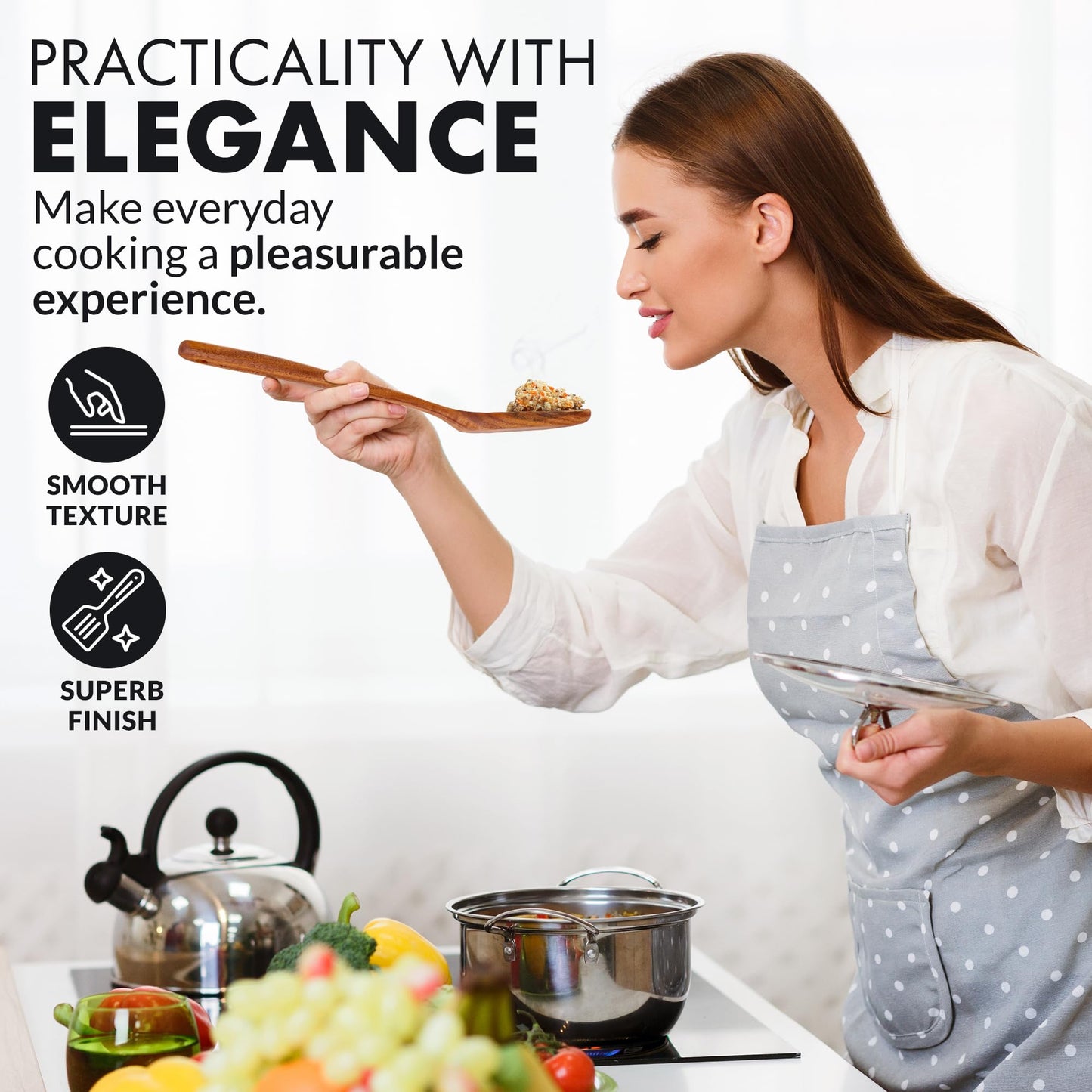 Zulay Kitchen Extra-Large 6-Piece Wooden Spoon Set - Smooth Teak Cooking Utensils - Comfort-Grip Non-Stick Turner, Spatula, Skimmer, Fork, Serving Spoon
