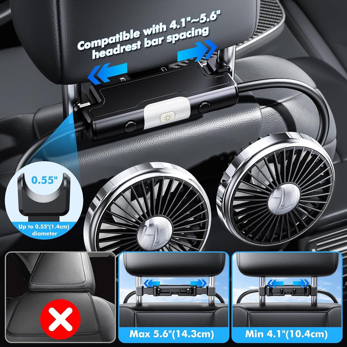 3 360 Hose Car Fan for Backseat Kids with Led Lights - USB Car Seat Fans for Baby - Independent Control Speeds Degree