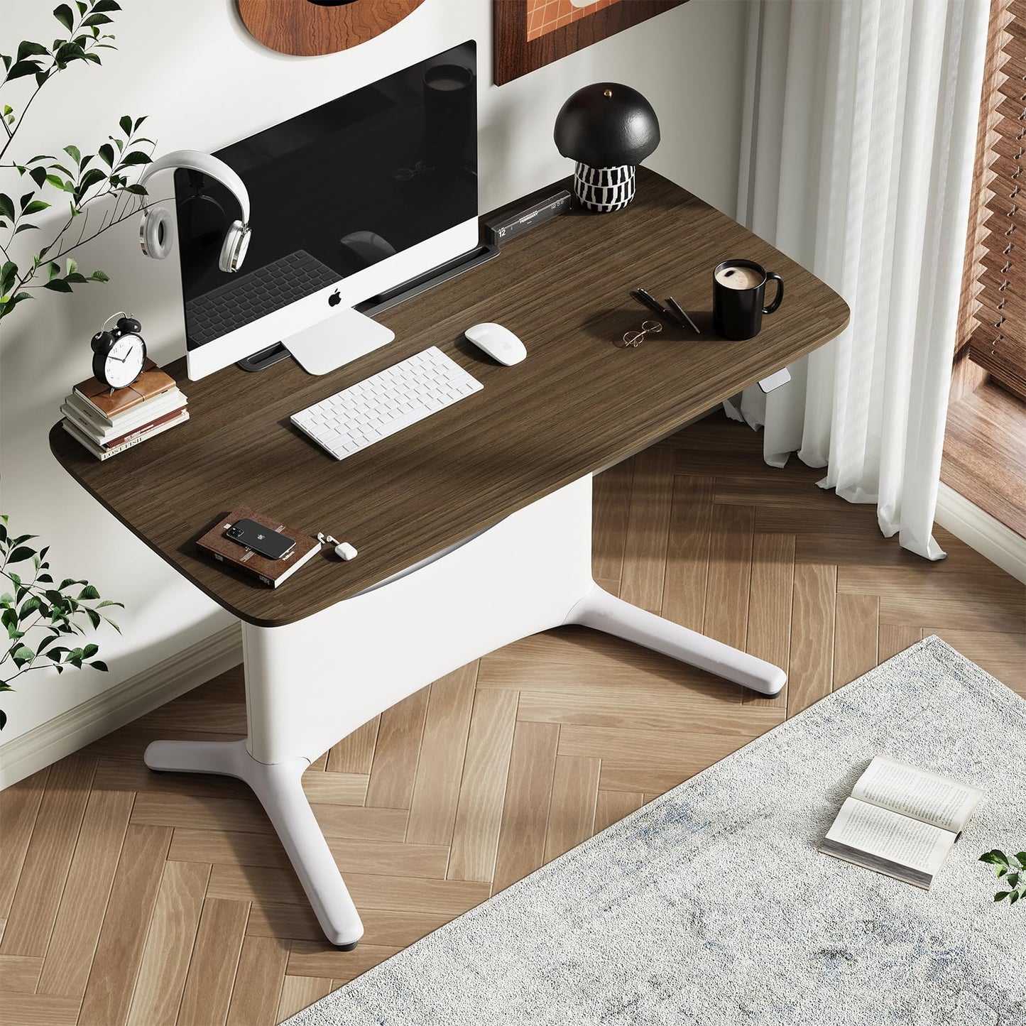COLAMY Electric Adjustable Standing Desk – 48 x 28 Inch Sit Stand Desk with Drawer & Cable Management, Dual Motor Lift System, Ergonomic Footrest, Home Office Table (MFC Desktop, Walnut + White)
