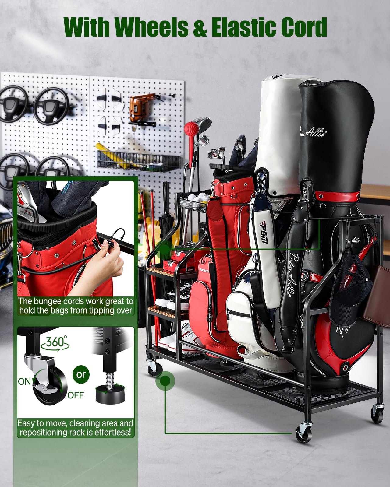 FHXZH Golf Bags Storage Garage Organizer Golf Bag Stand for Golf Bags, Clubs, Balls, Golf Equipment Accessories, Golf Bag Storage Rack with Wheels for Garage, Club, Basement (3 Golf Bag Organizer)