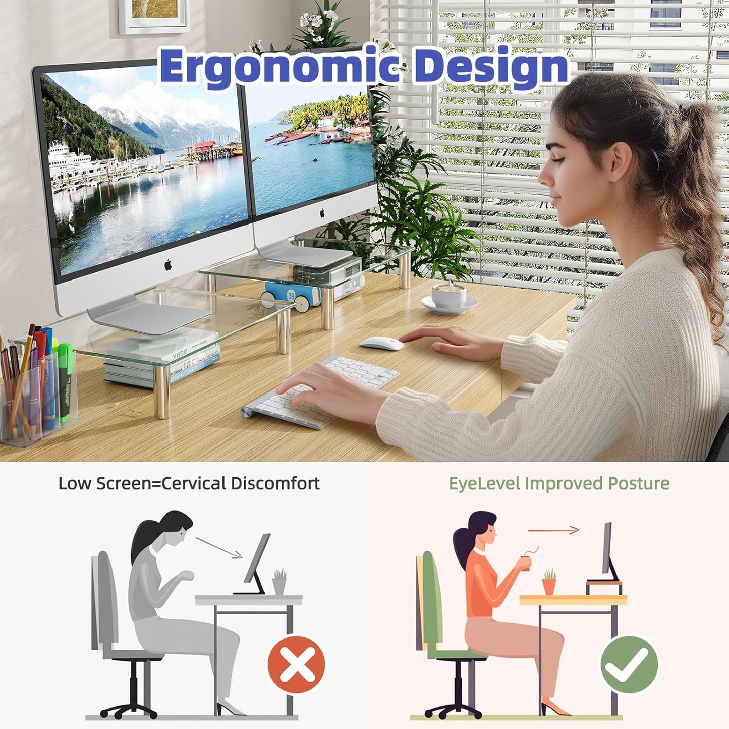 2 Pack Simple Trending Computer Monitor Riser with Height Adjustable, Tempered Glass, Multi Media Desktop Stand