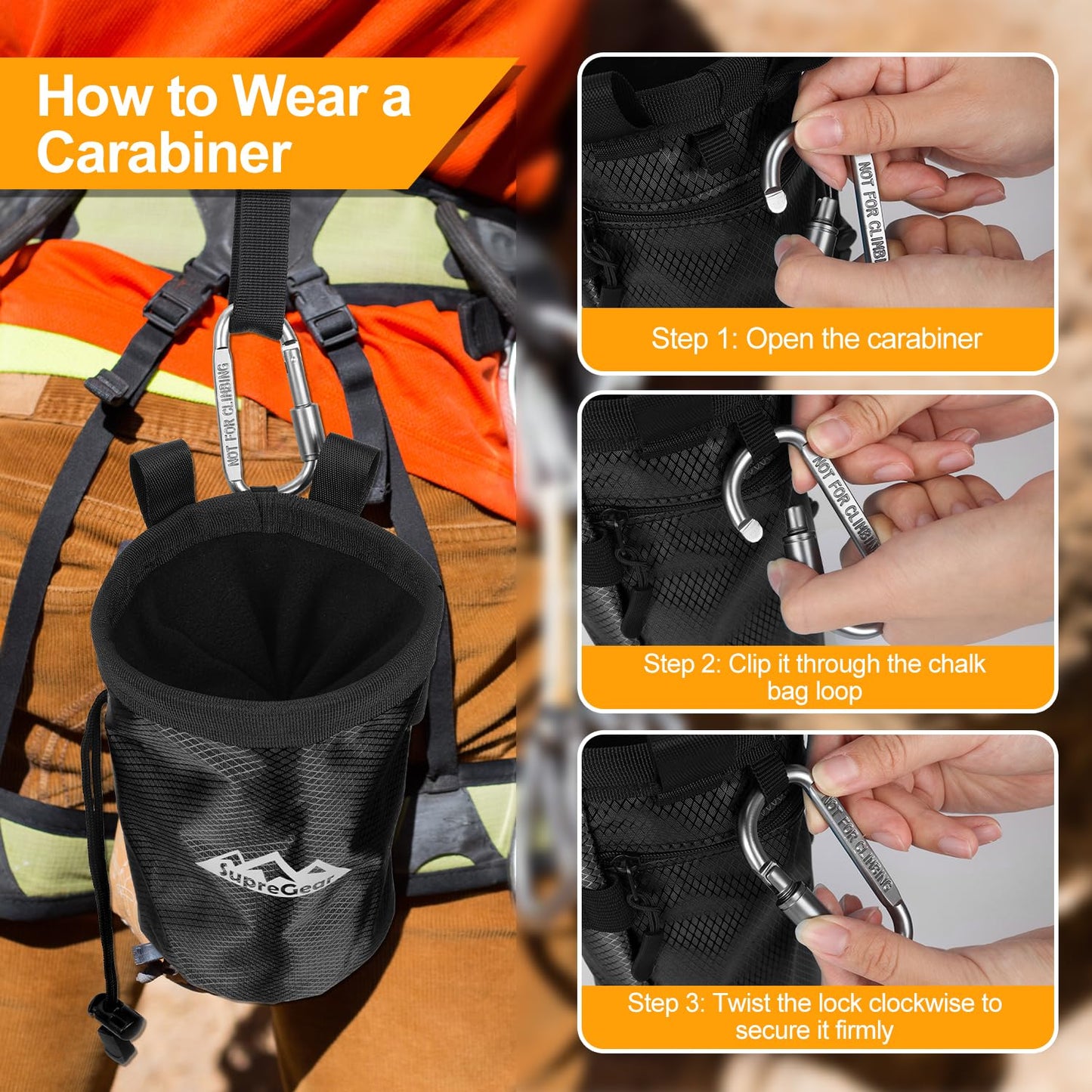 supregear Chalk Bag for Rock Climbing, Large Zipper Pocket with Brush Holder, Drawstring Closure, and Carabiner Clip, Ideal for Bouldering, Weightlifting, Gym, Black