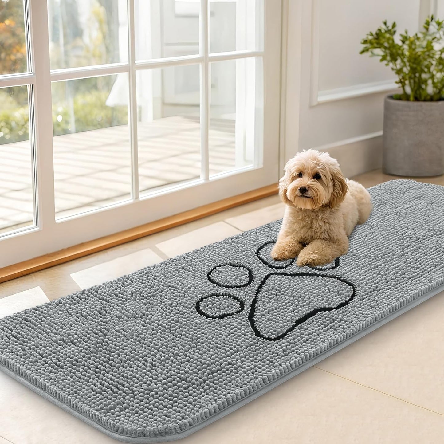 OLANLY Dog Door Mat - Absorbent Non-Slip Mud Mat for Muddy Paws | Quick Dry Chenille, 59x20, Grey