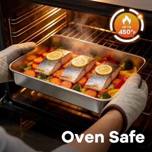 LIANYU Stainless Steel Baking Pan Set - 2 Pack Rectangle Sheet Cake Pans with Lids, 12⅓ x 9¾ x 2 Inch, Non-Toxic & Dishwasher Safe