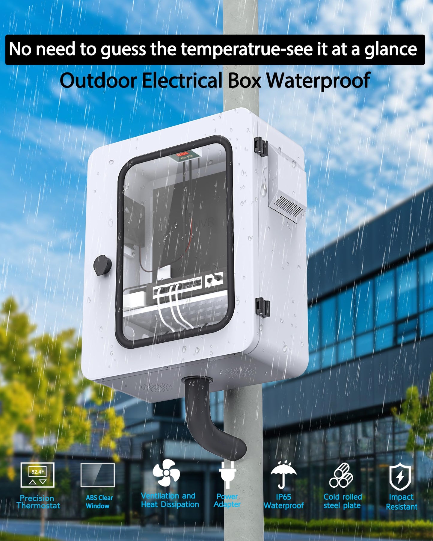 Akwscyby Outdoor Electrical Box with Thermostat and Fan and Clear Window, Precise Temperature Control 0.1°F, IP65 Water Resistant Rating, Galvanized Steel, Aluminum Rear Beam(19.7" x 17.7" x 8.0")