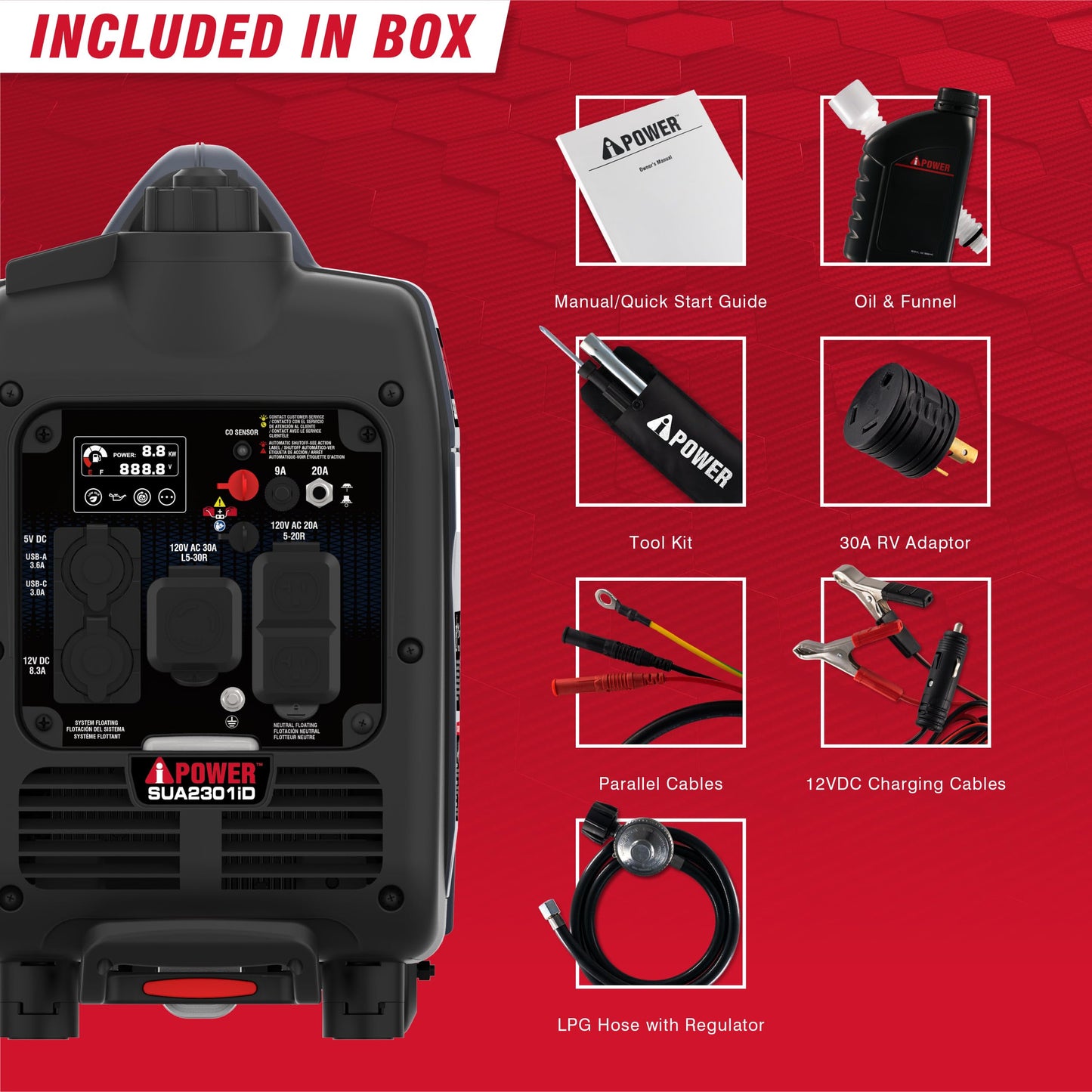 A-iPower 2300-Watt Portable Inverter Generator Dual Fuel, RV Ready, CARB Compliant CO Sensor, Light Weight With Telescopic Handle For Backup Home Use, Tailgating & Camping (SUA2301iD)