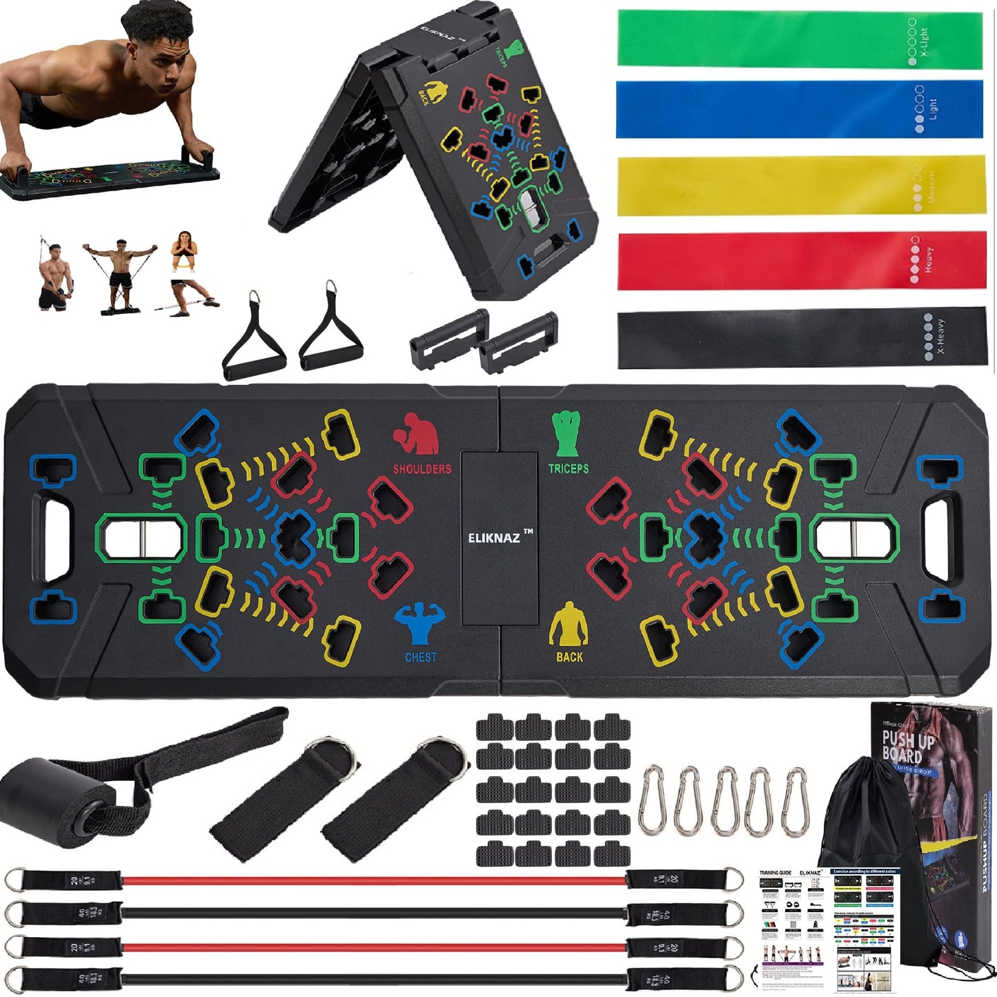 Eliknaz Portable Push Up Board Gym Kit 25-in-1, Foldable Push Up Station & Exercise Board Workout Set with 18 Accessories, Resistance Bands & Handles, Ankle Straps for Men, Women & Teens