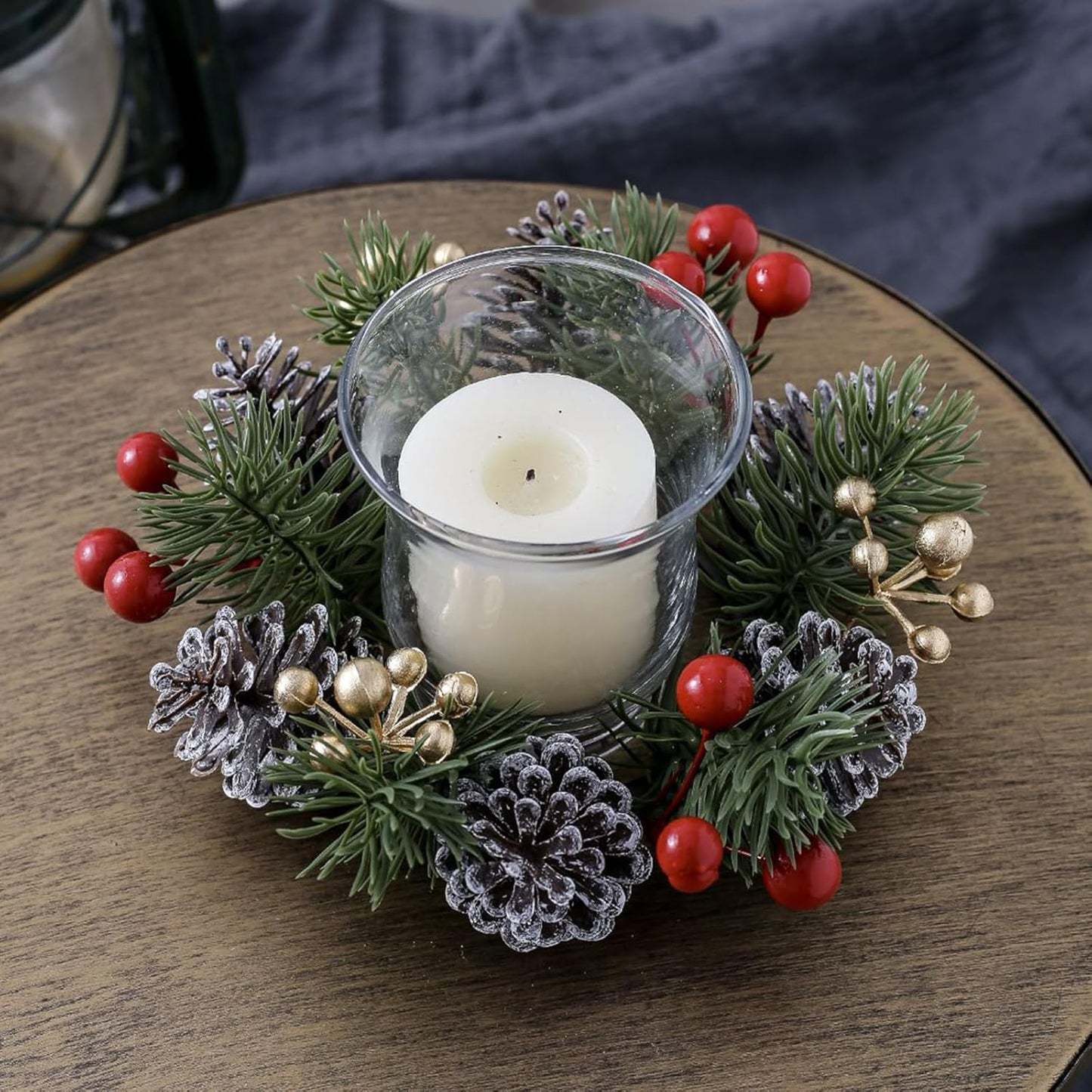 Skiennix Christmas Candle Rings - Elegant Gold & Red Floral Wreaths with Pinecones | Set of 2