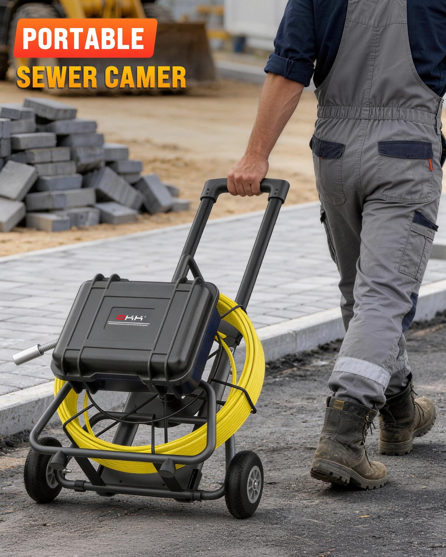 OKK Sewer Camera with 512Hz Locator, Professional 9" Self-Leveling Drain Camera 200ft, Distance Counter, 7mm Cable, Pull Handle, Wheels, IP68 Waterproof, DVR with Mic, 32GB Card, 5100mAh Battery