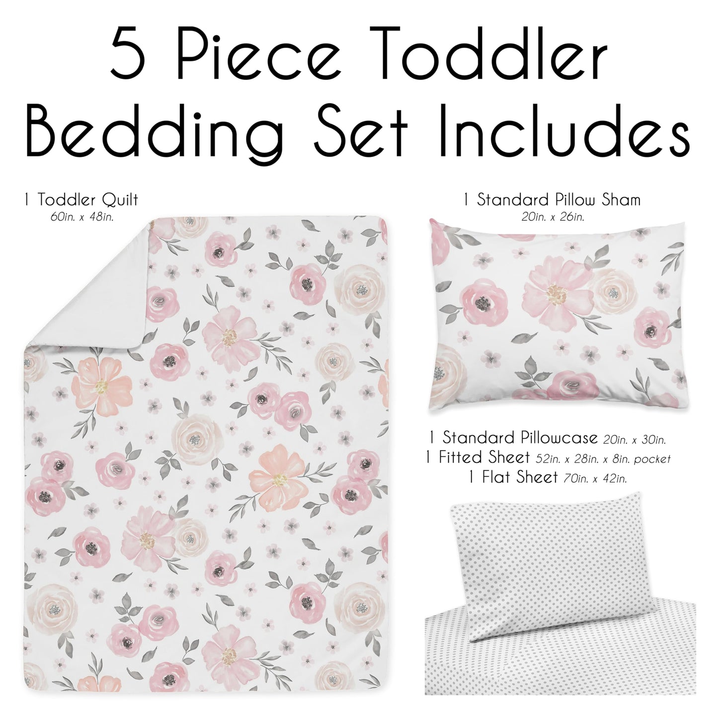 Sweet Jojo Designs 5-Piece Toddler Bedding Set (Pink/Grey Boho Floral) for Girls, Kids incl. Bed in a Bag Comforter, Blanket, Pillowcase, Sham & Sheets (Watercolor, Elegant Rose, Farmhouse, Nature)