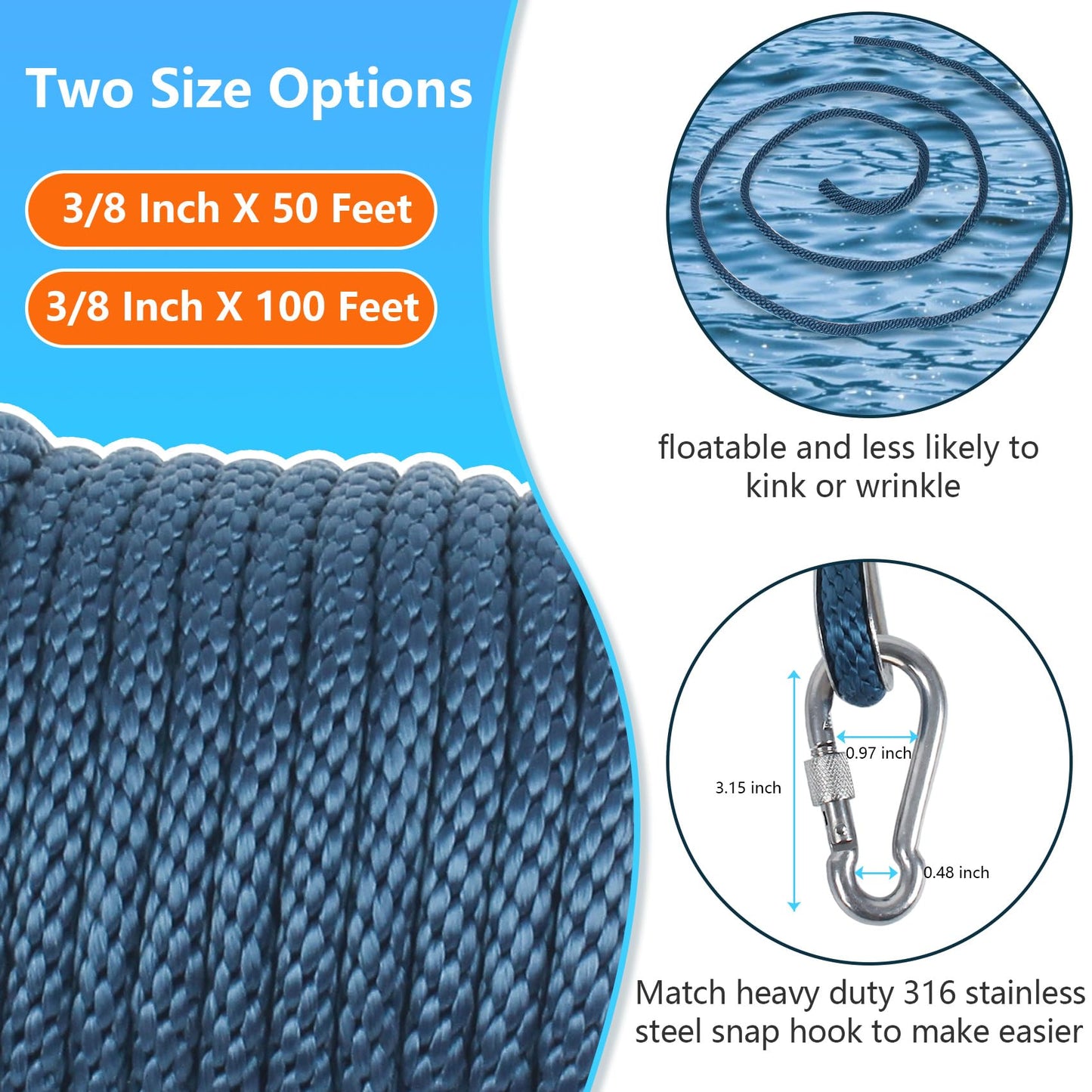 3/8 Inch 50 FT Anchor Rope, Boat Anchor Rope Solid Braid MFP, Anchor Line with 316 Stainless Steel Thimble and Snap Hook - Navy Blue