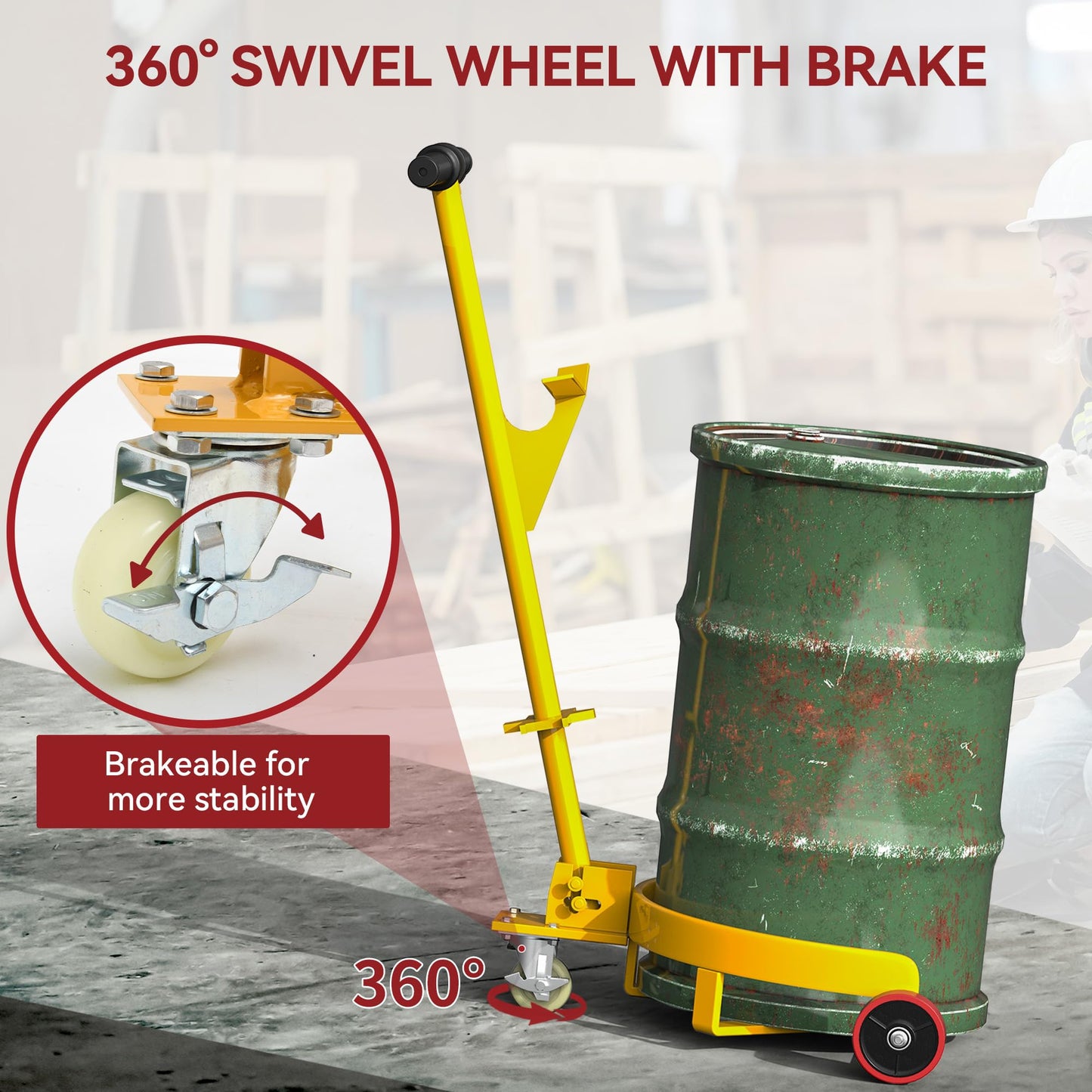 YITAMOTOR 1200 lbs Capacity 55 Gallon Drum Dolly, Heavy Duty Drum Cart with Bung Wrench Handle, 55 Gal Drum Dolly with Swivel Wheels with Brake, 4 Universal Bottle Openers, Low Profile, Yellow