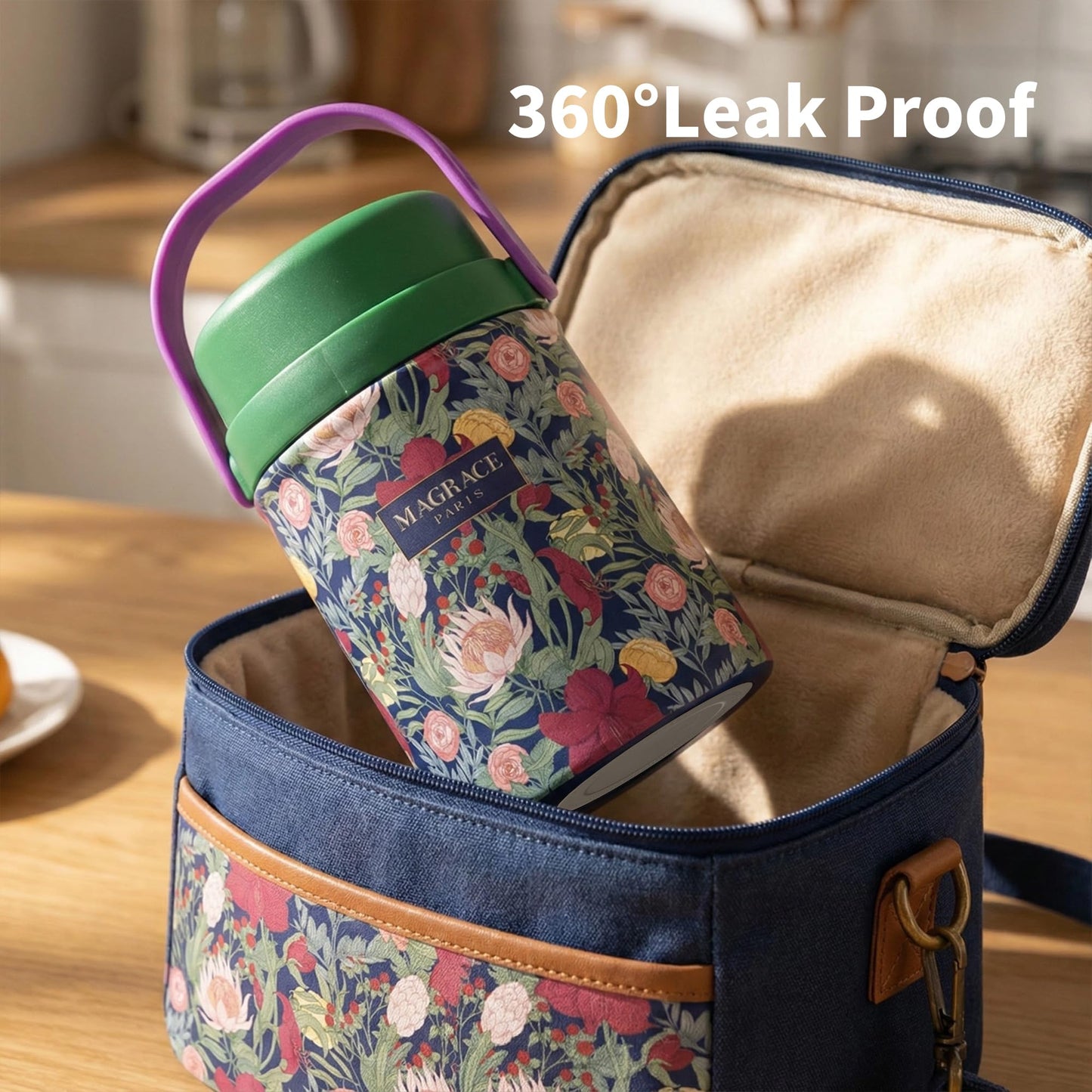 MAGRACE Vaccum Insulated Food Jar - Boho Floral Thermal Lunch Container for Office Outdoor Hot & Cold Meals, Wide Mouth Thermo for Adult, W/Foldable Spoon (Pastoral)