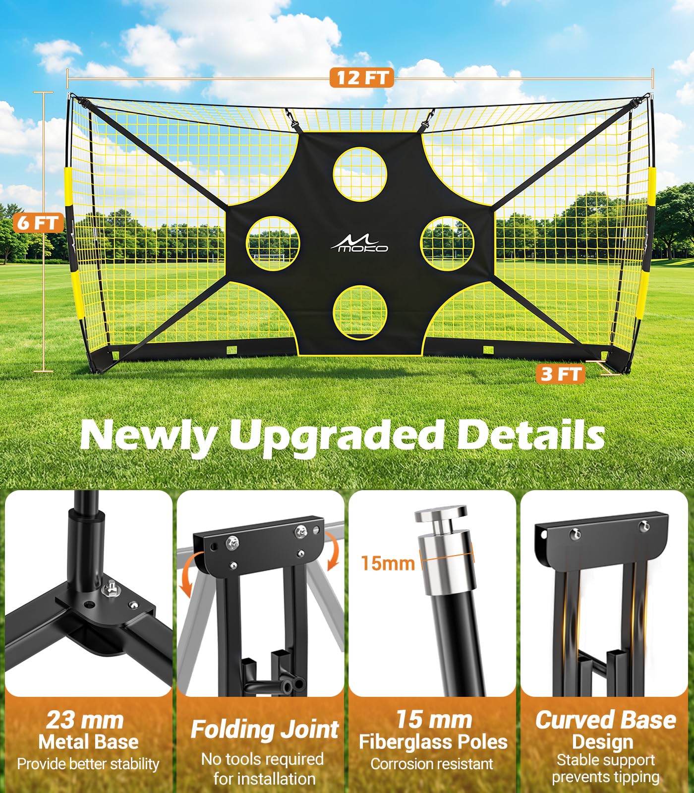 MoKo 12x6 FT Soccer Goal with Precision Target, Quick Setup Soccer Goals for Backyard Indoor & Outdoor, Portable Soccer Net Training Equipment with Foldable Base, Sturdy Ground Stakes & Carry Bag