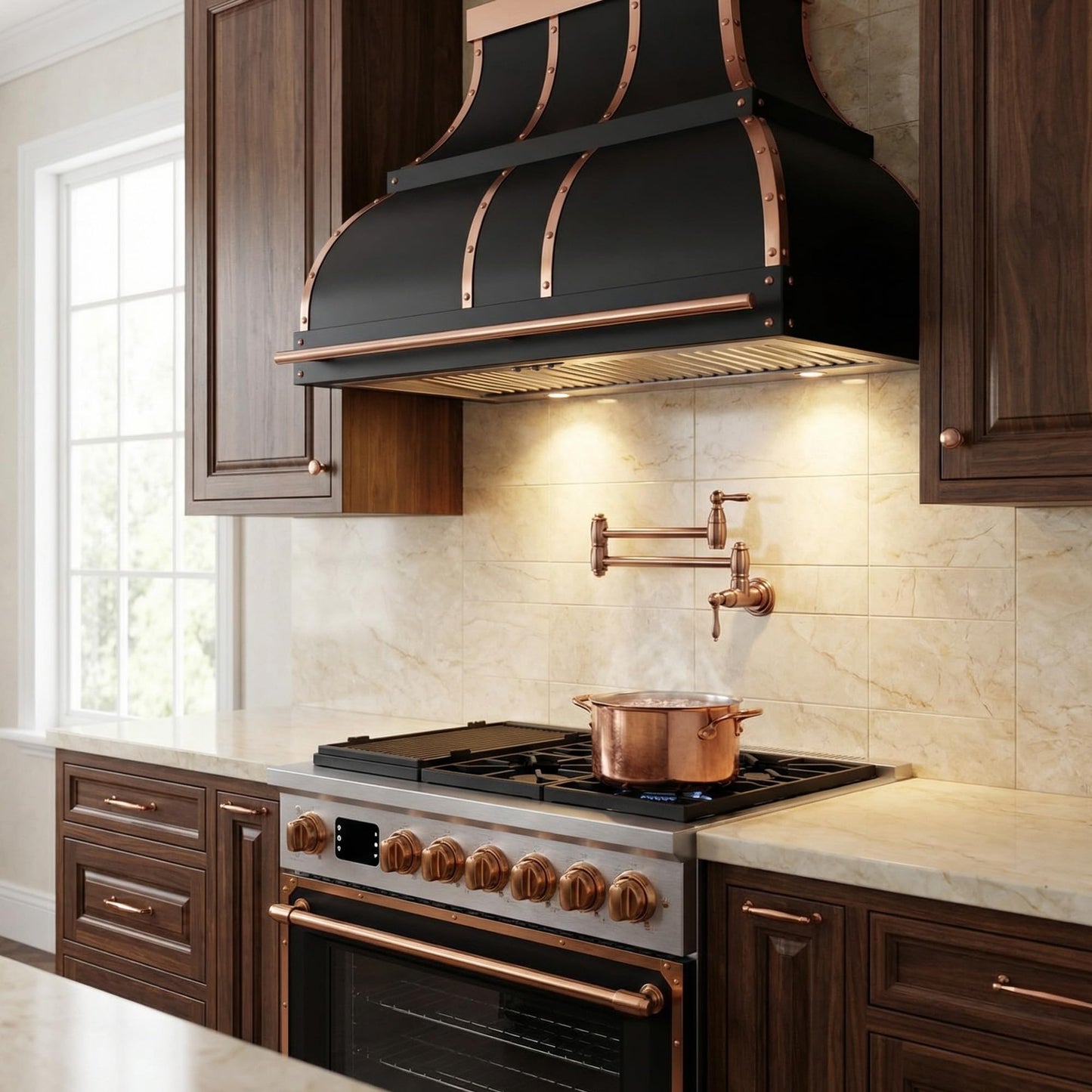 NAUXUS Custom Stainless Steel Range Hood, Handmade Kitchen Hood with Powerful Range Hood Insert, Classic Stove Vent Hood with Straps & Rivets,HCW44PBS#