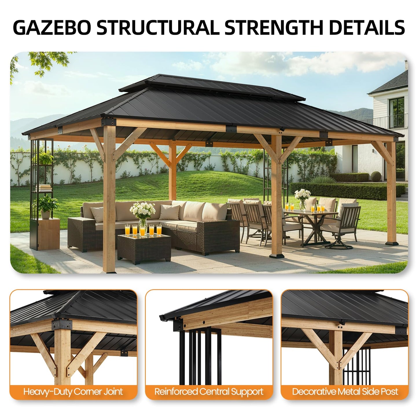 ALAULM 12'x20' Hardtop Gazebo, Outdoor Wood Pergola with Double Metal Roof Metal Corner Frame Shelves Storage,Outdoor Pavilion for Patio, Backyard, Deck,Natural