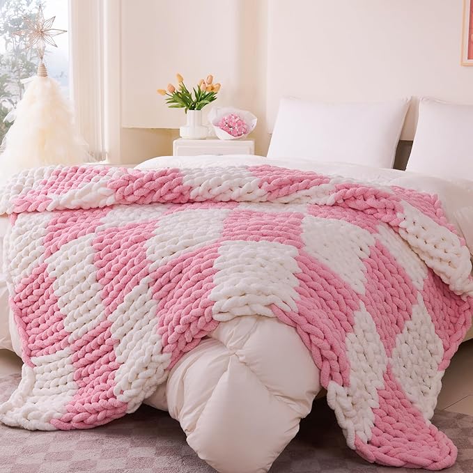 Admitrack Chunky Knit Blanket Throw 51"x63", 100% Hand Knit Chenille Throw Blanket for Sofa & Home Decor, Soft and Cozy Knitted Throw Blankets (Pink Checkered，51"x63")