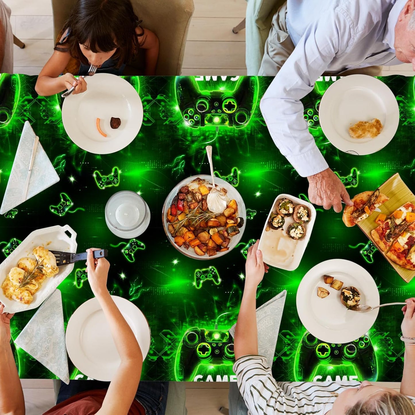 Skiennix Video Game Tablecloth - Neon Gaming Design for Boys & Girls | 4-Pack Rectangle Party Decor