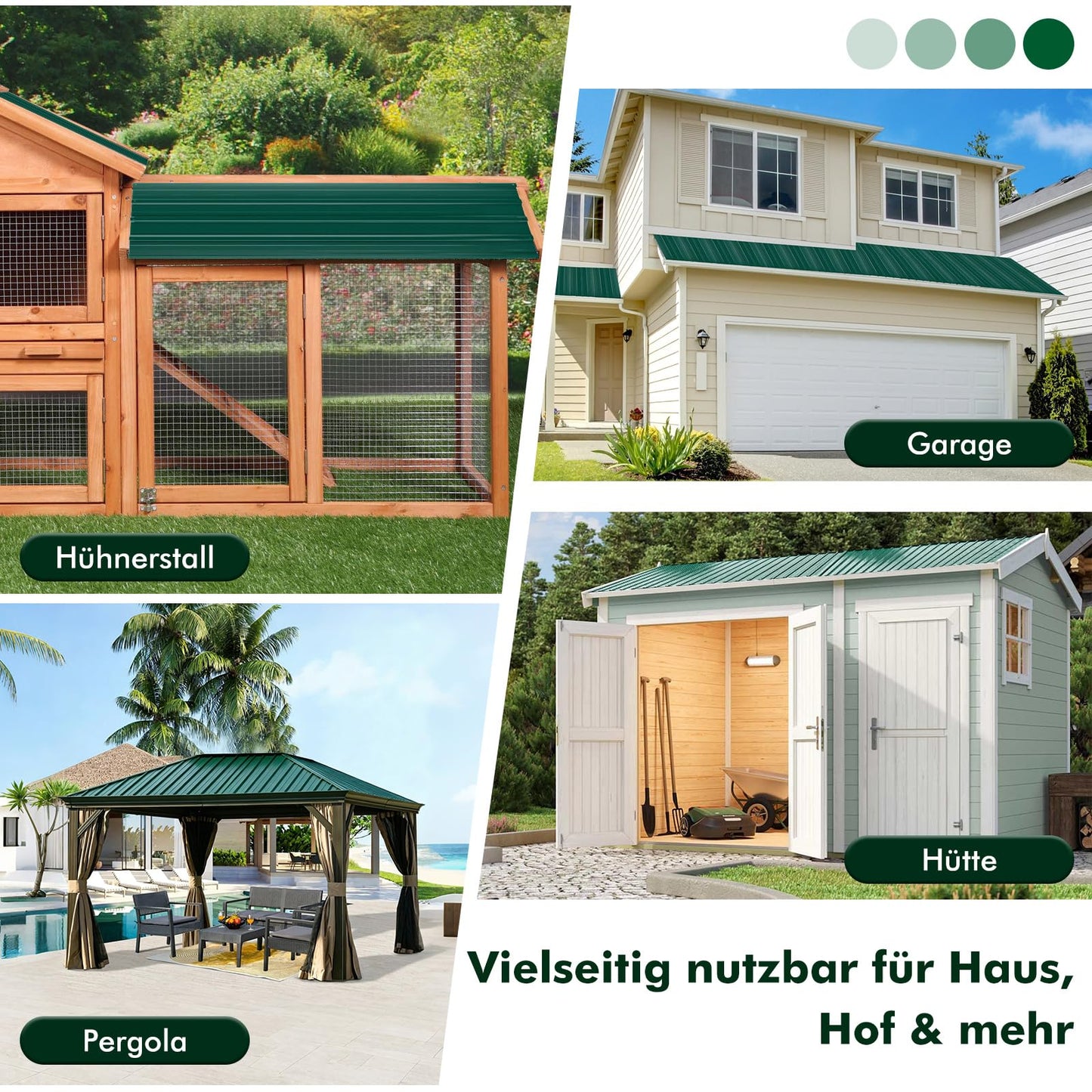 Metal Roofing Panels 12pcs, Galvanized Steel Roof Panels L43.3×W17.7 Inch, Corrugated Tin Roofing Panels Roof Protector, for Garages Coop Chicken Sheds Stables Patio (Green)