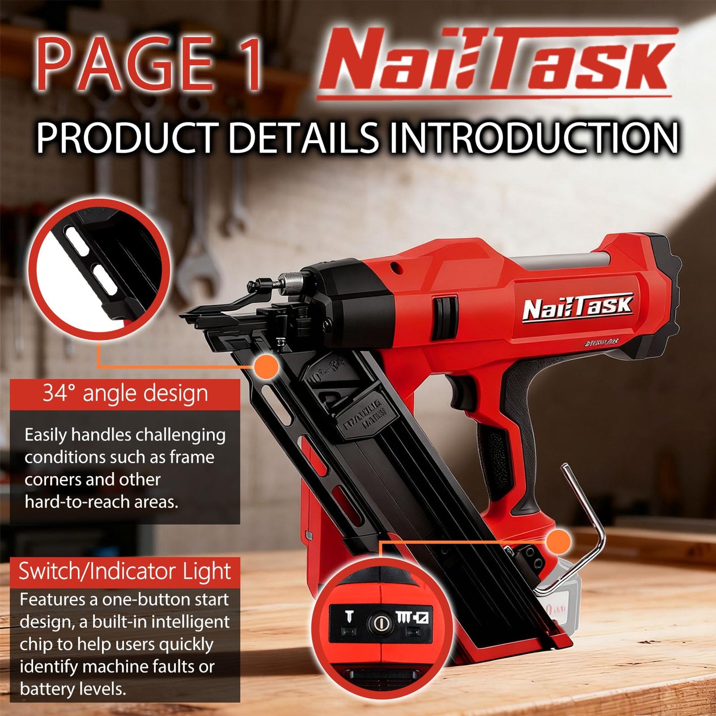 Nailtask 34° Electric Cordless Framing Nail Gun Dual Mode 3 1/2 Inch Pin Nailer Cordless Metal Roofing Set for Construction Furniture Wood Depth Adjust Brushless Motor Power Tools (Without Battery)