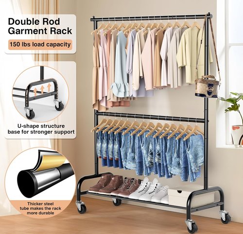 MISSLO Heavy Duty Clothing Rack - Adjustable Double Rod Garment Rack on Wheels | Black Metal Design