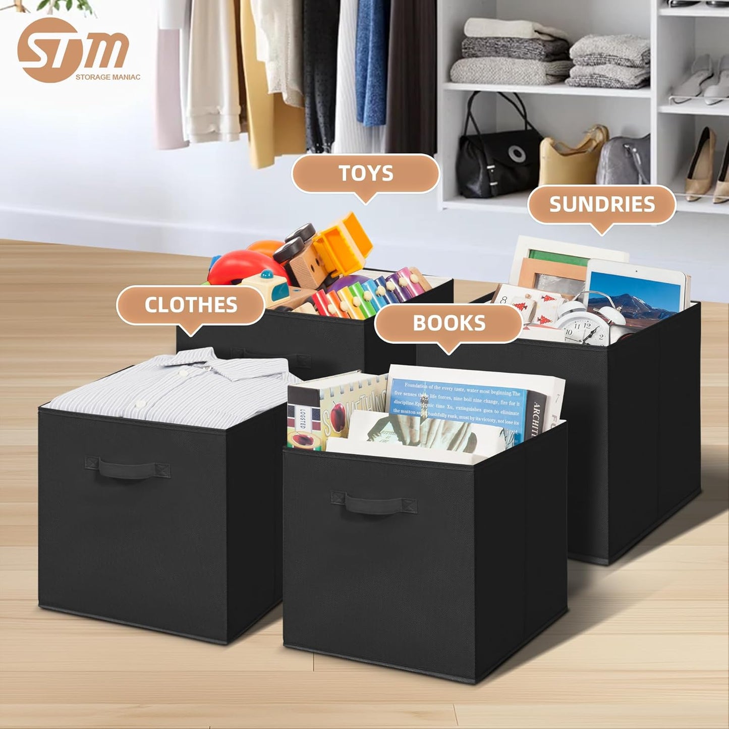 Storage Maniac Storage Cubes - 13 Inch Collapsible Bins with Handles | 8-Pack Durable Black Fabric for Organization