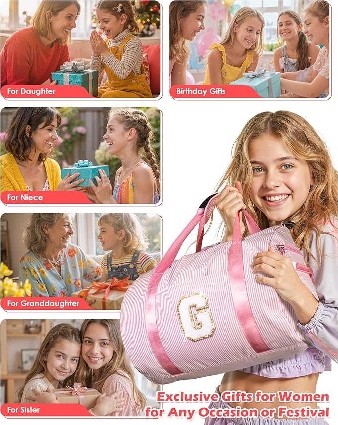 Cute Preppy Gifts for Girls, Girl Gym Bag, Kids Initial Overnight Duffel Bags with Shoe Compartment, Personalized Travel Bag with Makeup Pouch, Trendy Stuff for Teen Sister(Letter B)