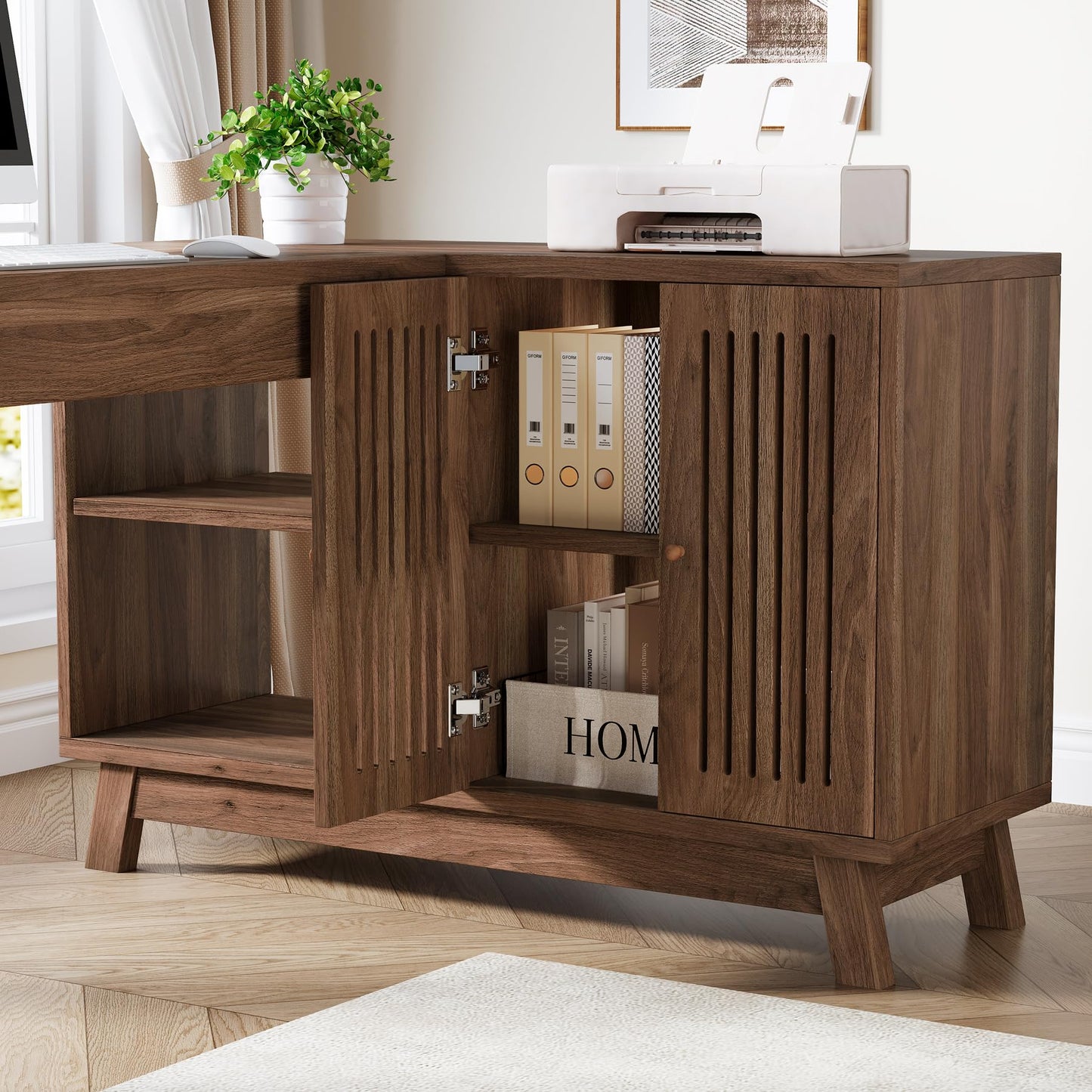 Tribesigns L-Shaped Desk with Storage Cabinet, 57-Inch Wood Corner Workstation, Home Office Computer Desk, Study Writing Table for Bedroom, Walnut