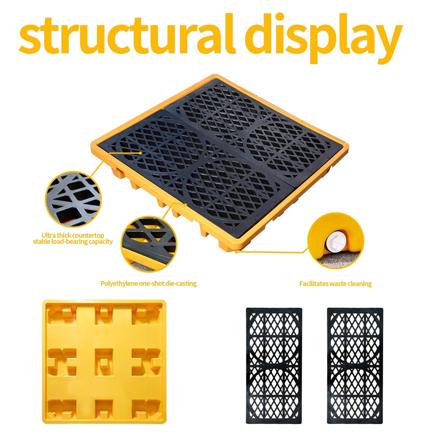 Cjgyz Spill Containment Platform with Drain, 51x51x6in, Anti-Slip Plastic, Leakproof Detachable, 4 Drum Capacity, Yellow for Industrial Use