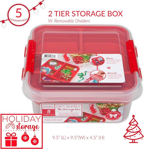 Gift Supply Storage Box by Simplify - 5 Compartment Design with Clear Top Lid | Red | 9.5” x 9.5” x 4.5”
