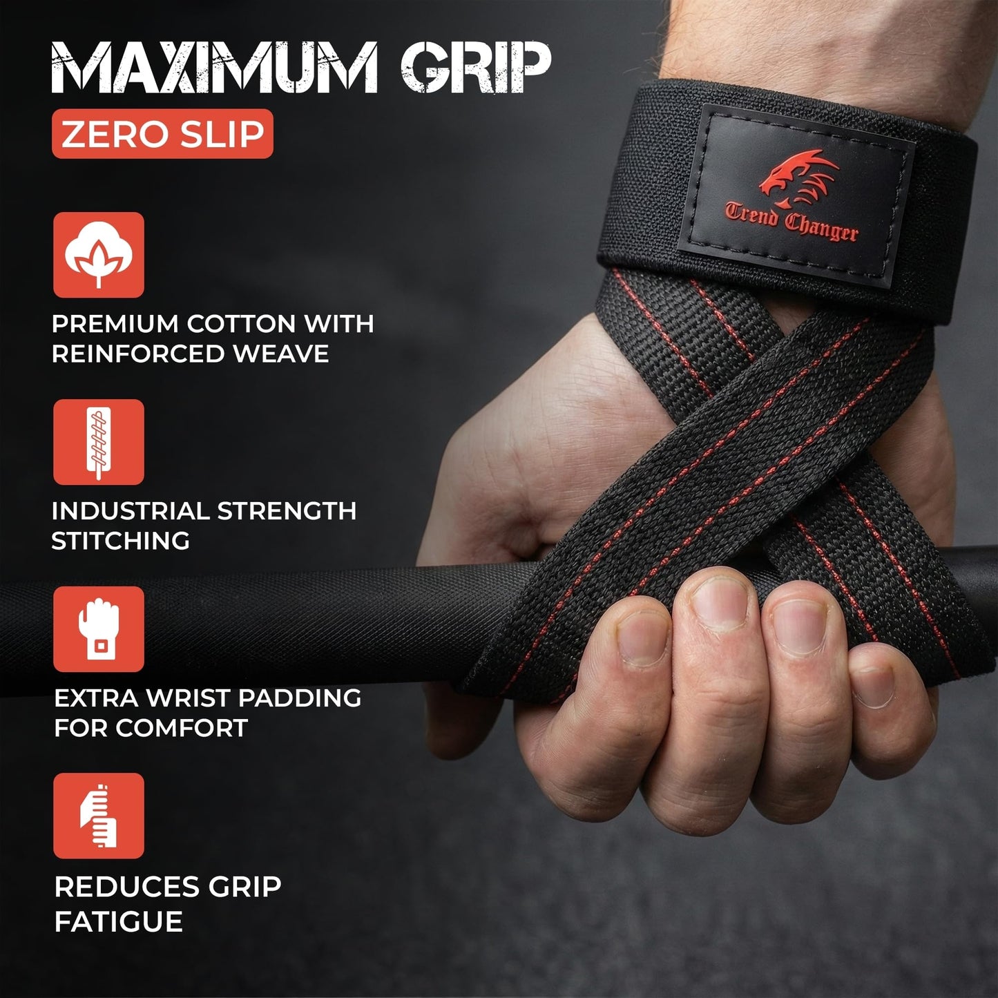 Trend Changer Figure 8 Lifting Strap Padded Deadlift Straps Heavy Duty Weight Lifting Straps Strongman Axle Bar Straps Weightlifting Wrist Wraps (Medium (Upto 8.0'' Wrist Circumference), Red White)