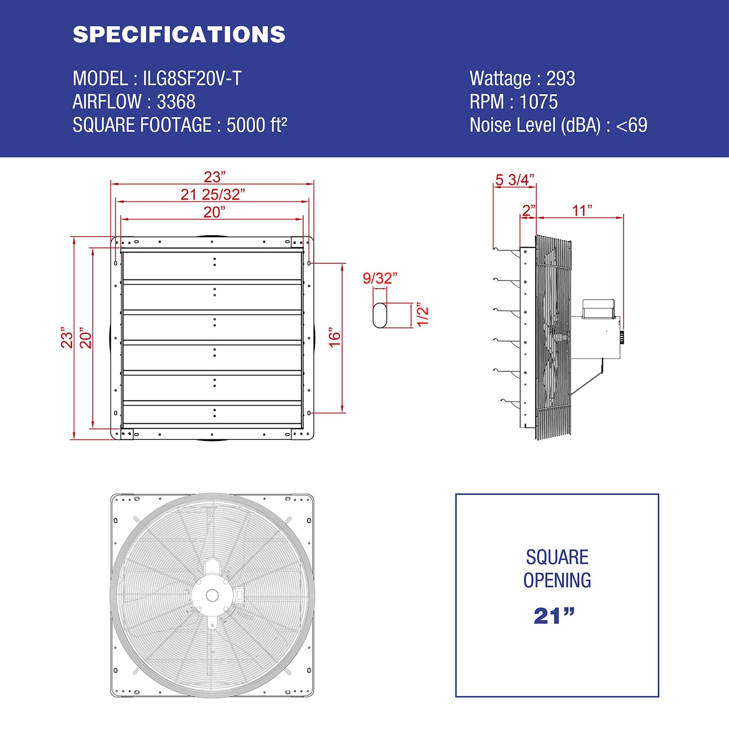 iLiving ILG8SF20V-T 20 inch Shutter Exhaust Attic Garage Grow, Ventilation Fan with 3 Speed Thermostat 6 Foot Long 3 Plugs Cord, 20" - Variable, 3368 CFM, 5000 SQF Coverage Area, Silver