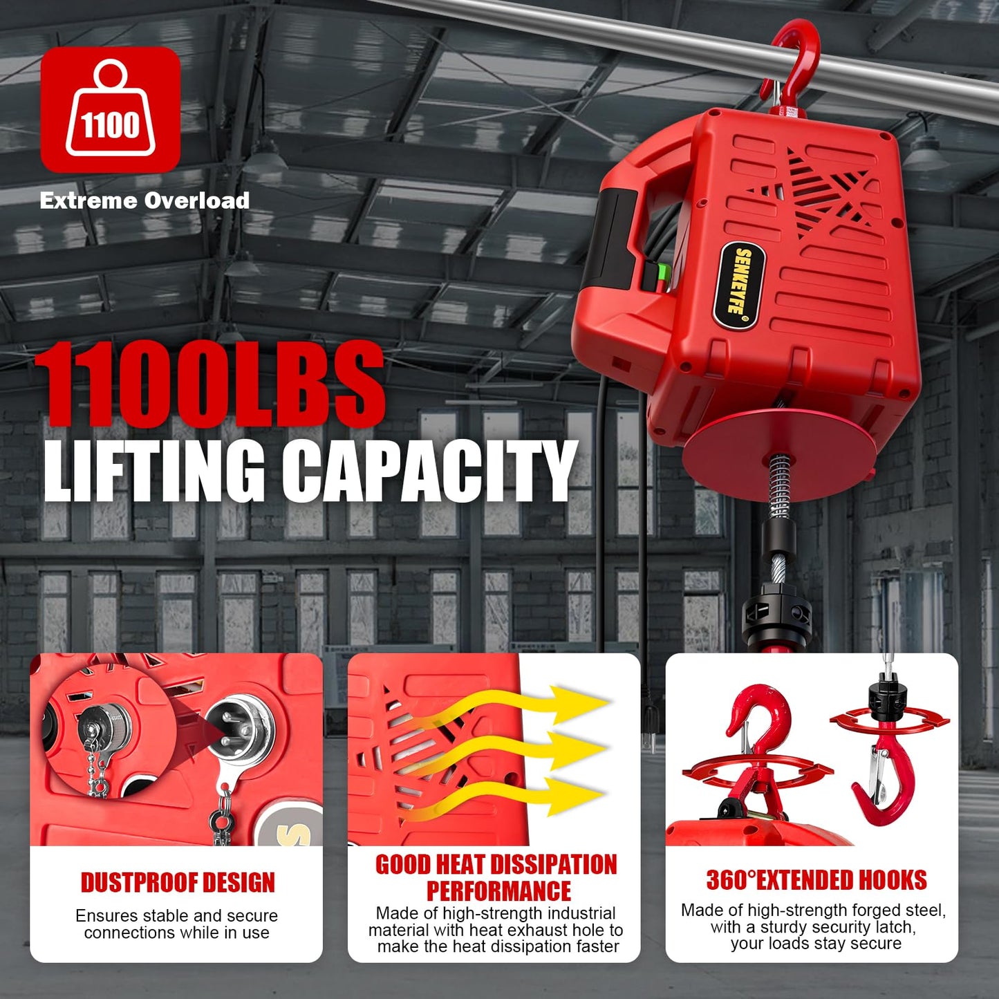 SENKEYFE Power Electric Portable Hoist Winch 1100LBS, 3 in 1 Electric Cable Hoist 110V 25 FT with Lifting Strap, Electric Hoist Lift Ceiling Winch for Lifting Towing(Red)
