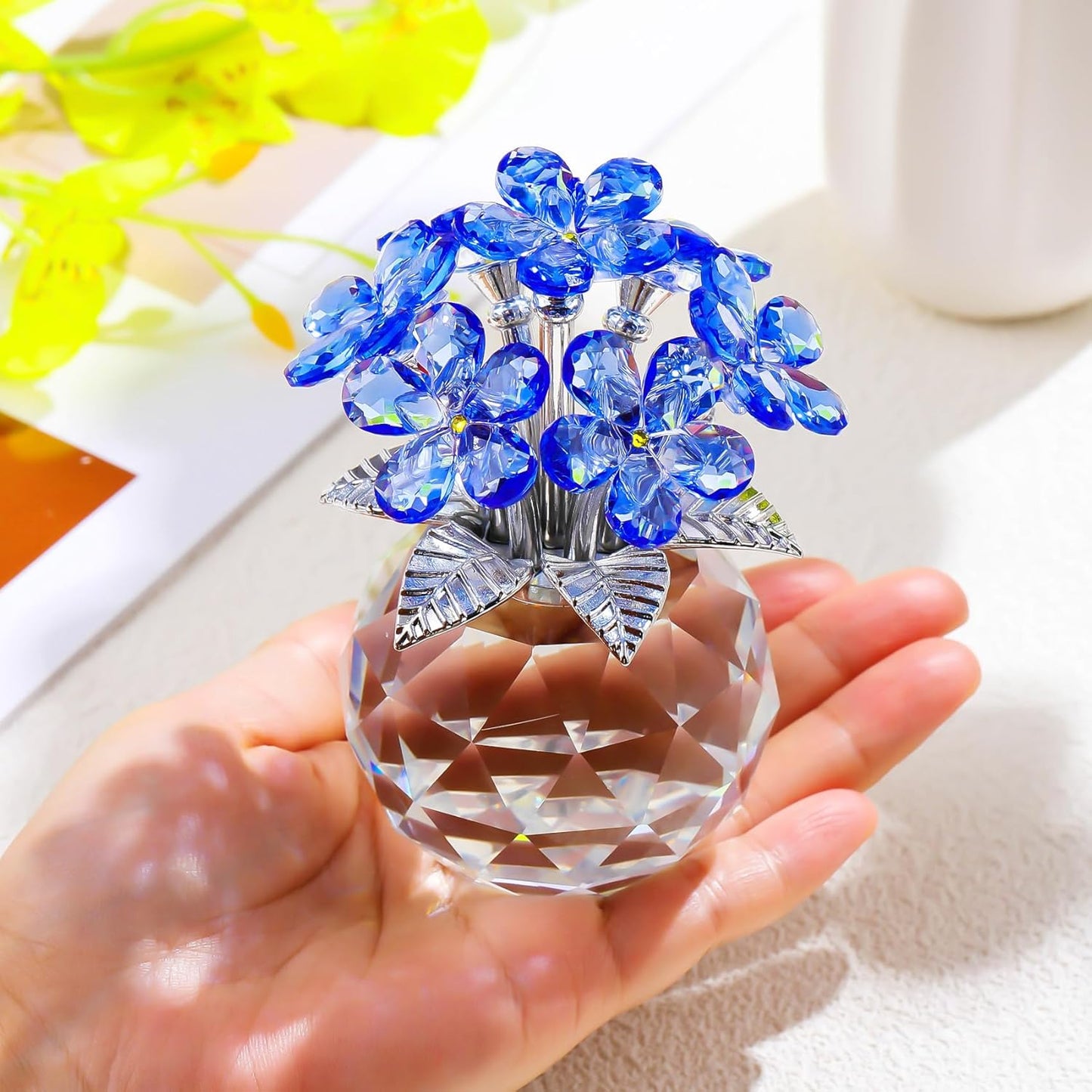 YWHL Blue Crystal Forget-Me-Not Flowers | Handmade Glass Flower Bouquet Figurine for Tabletop Decor