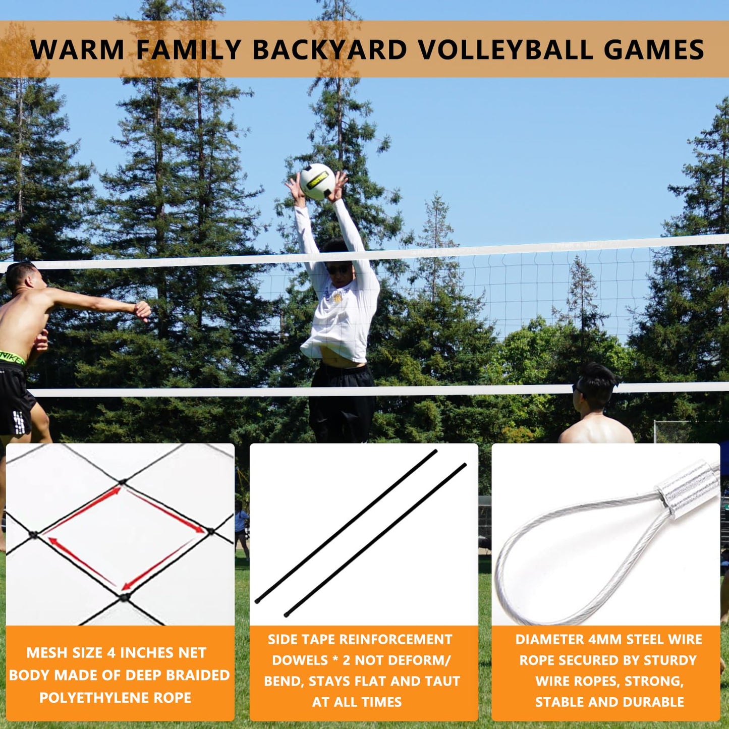 MegaNets Volleyball Net Replacement Heavy Duty Outdoor Volleyball Nets with Steel Cable, 32x3FT Volleyball Net for Backyard Volley Ball Net for Court Beach Pool Park(Net Only)