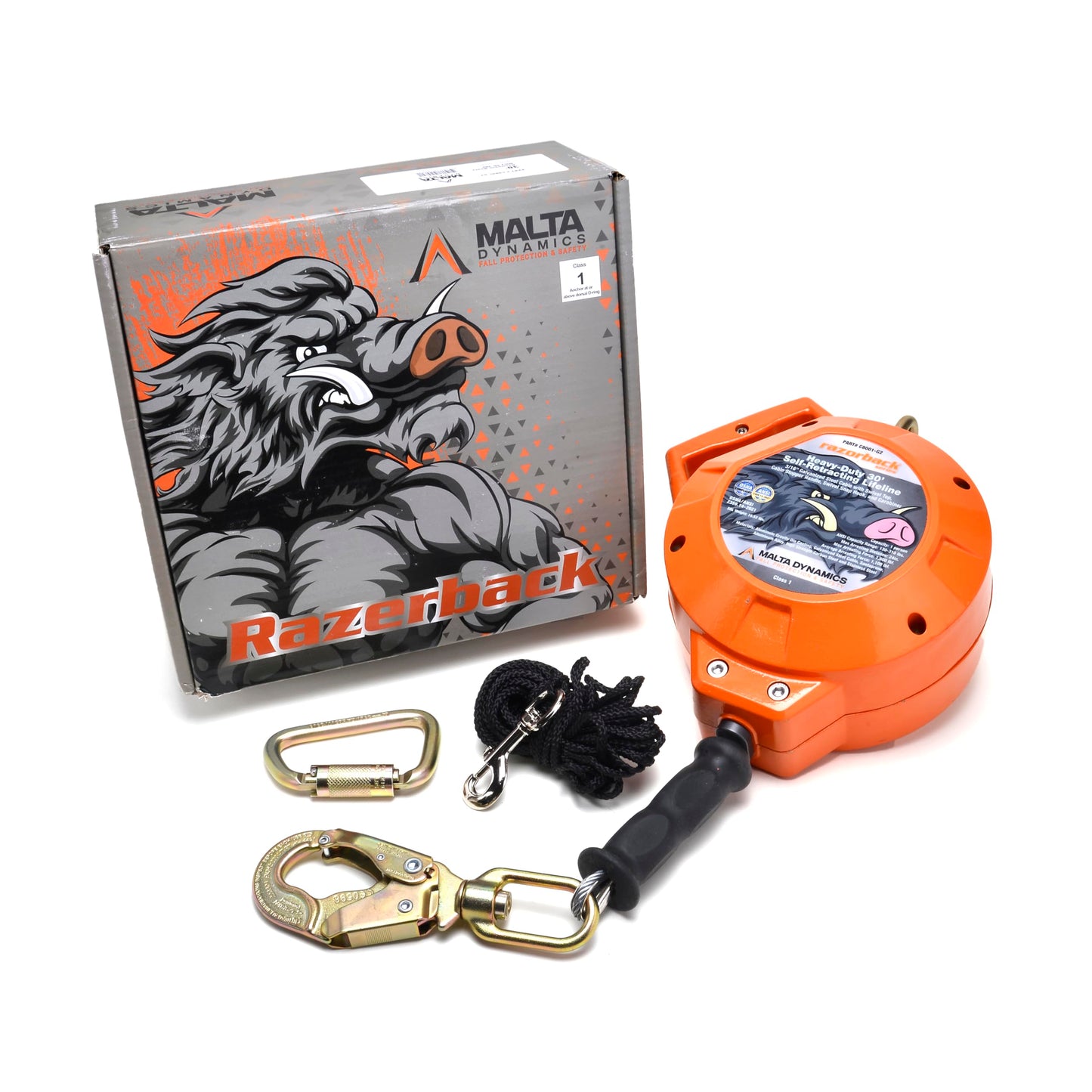 Malta Dynamics Razorback Heavy-Duty Self Retracting Lifeline, Quick-Action Braking System, Galvanized YoYo Cable, Fall Protection Retractable Safety Harness Lanyard - OSHA/ANSI Compliant (30 Foot)