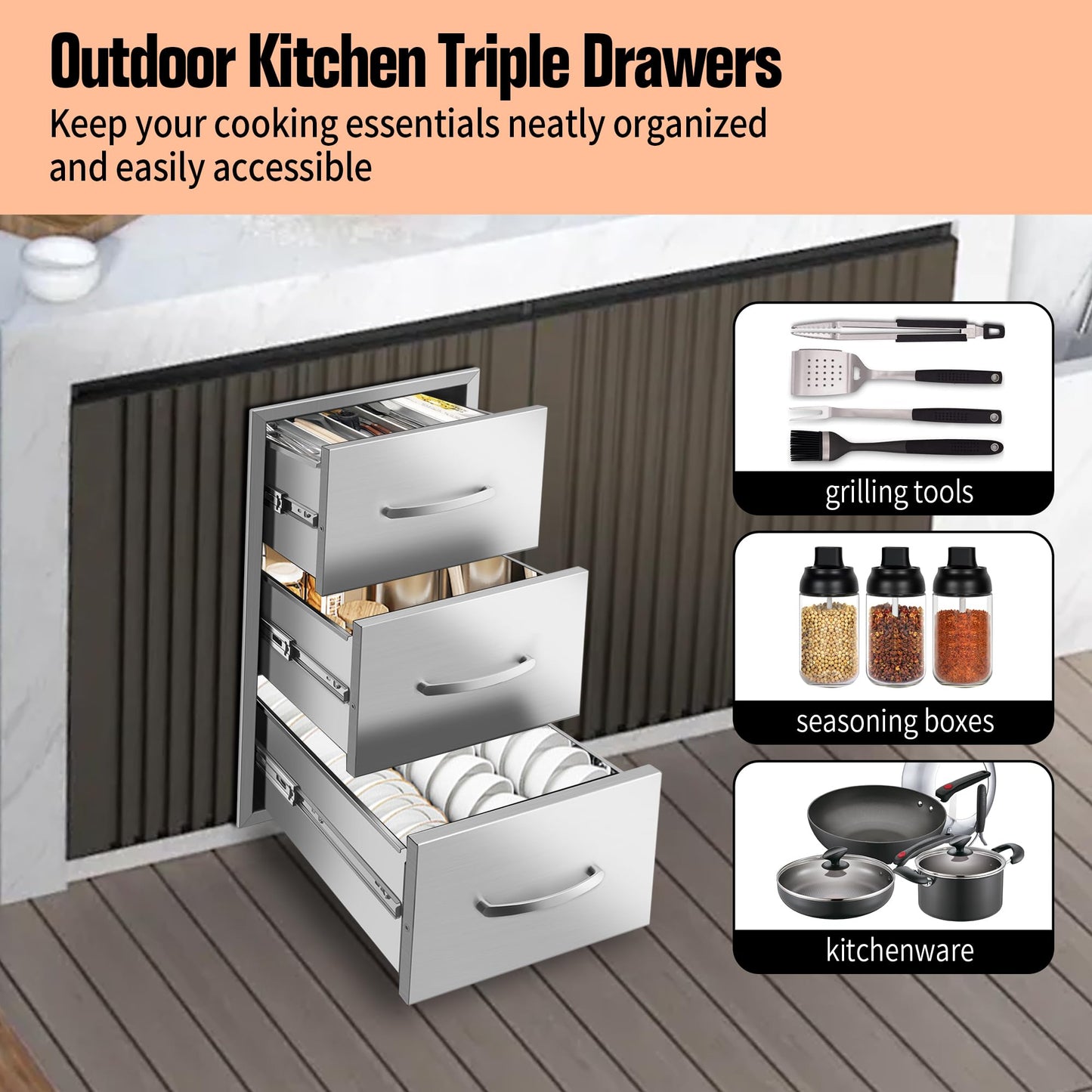 RAILEN Outdoor Kitchen Drawers 16" W x 28" H x 20" D Built-in BBQ Drawer Stainless Steel Access Drawers for Outdoor Kitchen Island or Grill Station
