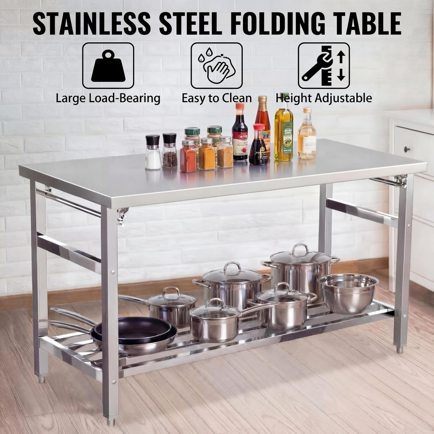 Garvee 60" x 24" Stainless Steel Folding Prep Table, Heavy Duty Commercial Work Table with Adjustable Undershelf for Restaurant, Kitchen, Food Service, Space-Saving, No Installation Required