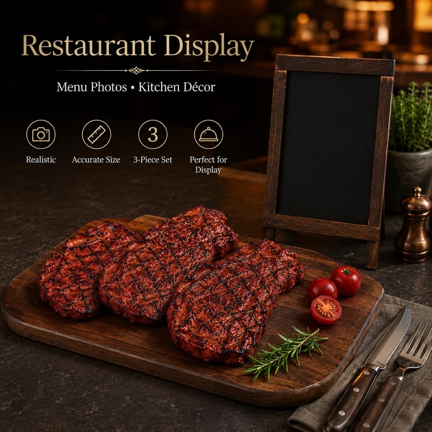 3 jojofuny Pcs Fake Steak Props, Realistic Artificial Grilled Steak Model, Cooked Meat Food Replica with Grill Marks