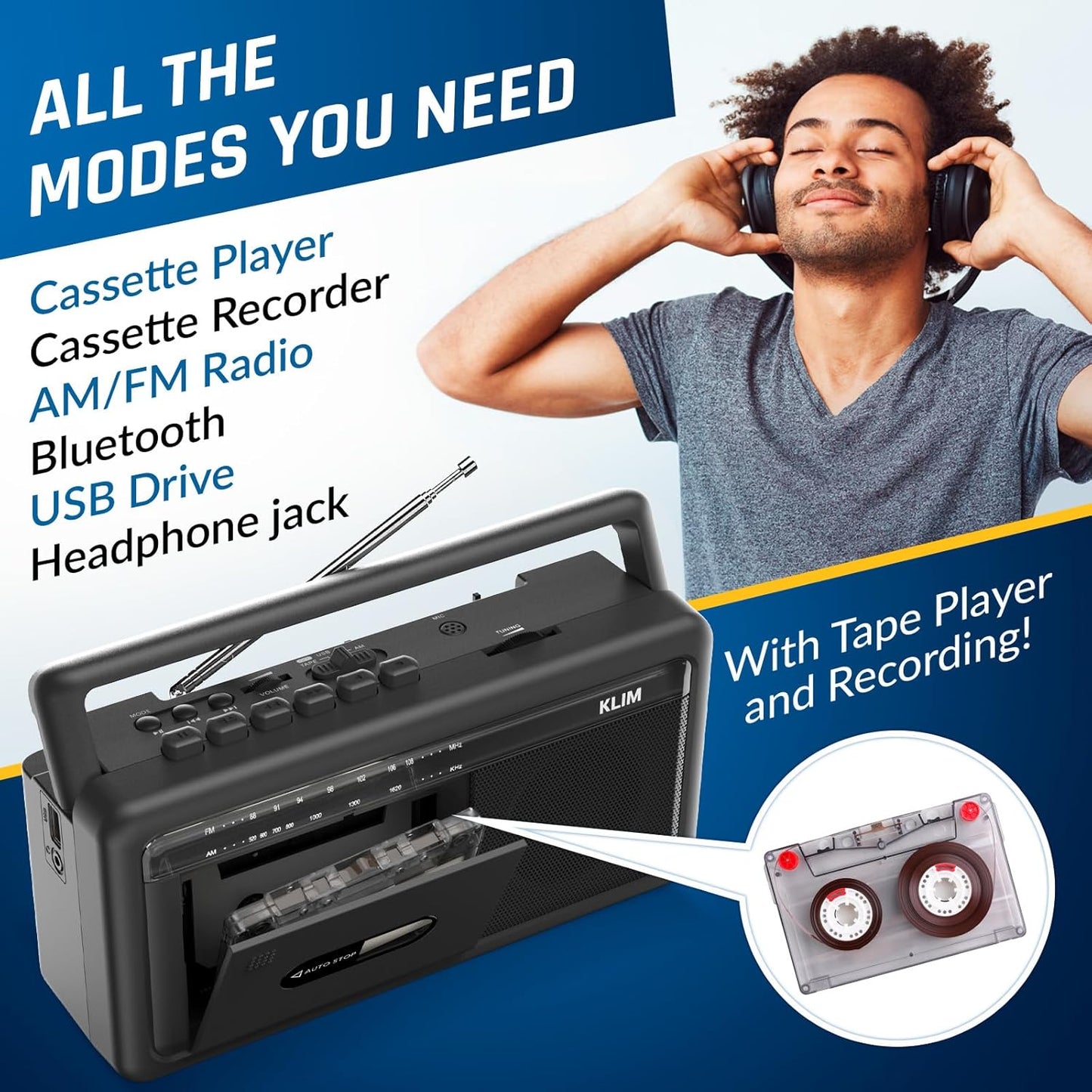 KLIM Cassette Portable Player & Tape Recorder Boombox with AM/FM Radio, USB, Bluetooth, Speaker, and Earphone Jack