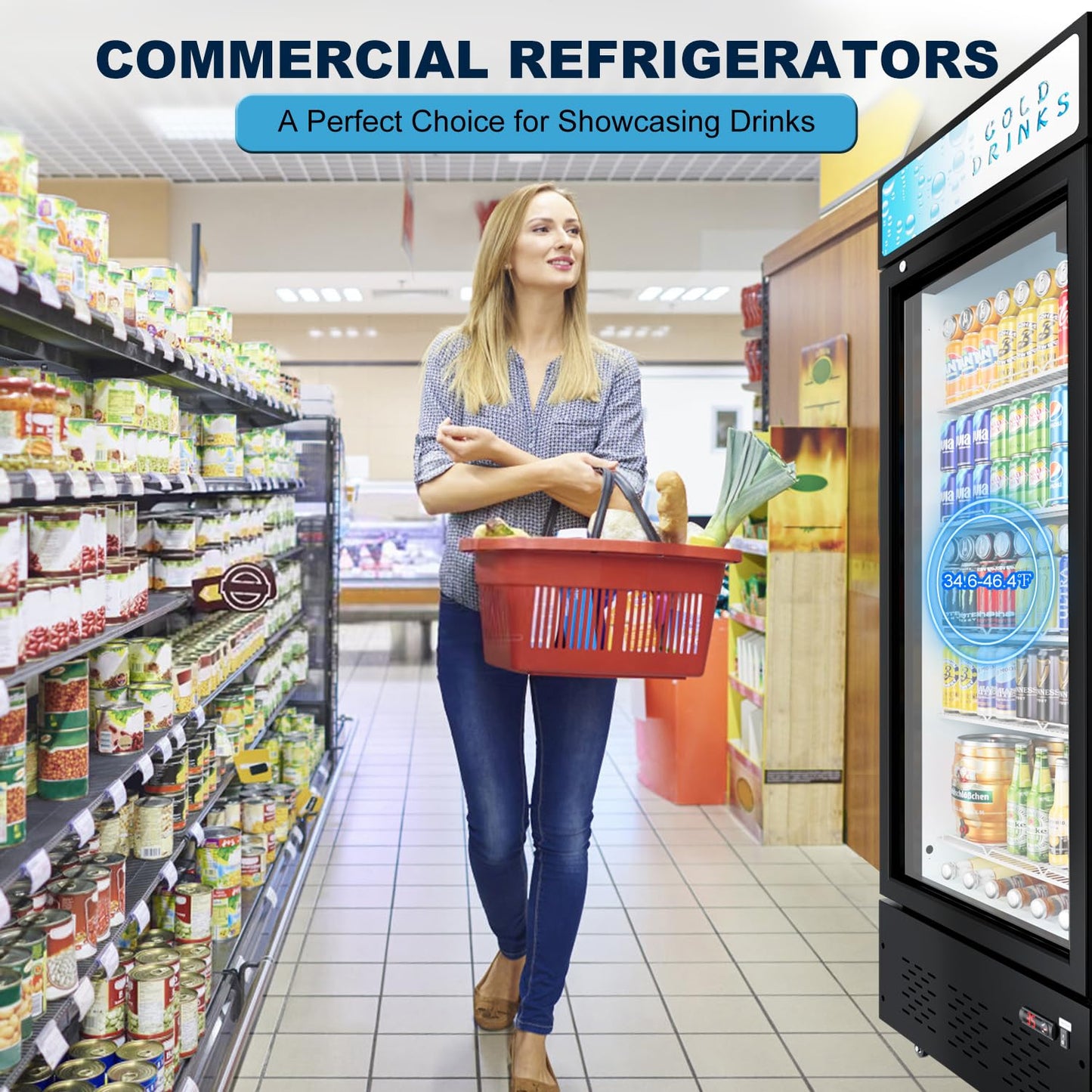ECEVT 25.7'' W Commercial Refrigerators with Glass Door, 15 Cu.ft. Beverage Refrigerators Commercial Fridge Upright Display Cooler with Soft LED Light and Adjustable Shelves for Restaurant Stores