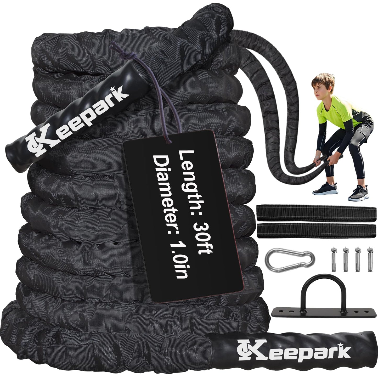 Battle Ropes for Home Gym 1 Inch Diameter 30FT Length Workout Rope Exercise Rope Training Ropes with Protective Sleeve for Kids Men Women Exercise Fitness & Strength Training
