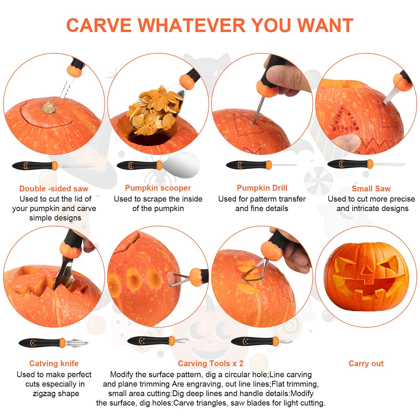Pumpkin Carving Kit Tools Halloween, CHRYZTAL Professional Heavy Duty Carving Set, Stainless Steel Double-side Sculpting Tool Carving Kit for Halloween Decoration Jack-O-Lanterns, Gift for Halloween
