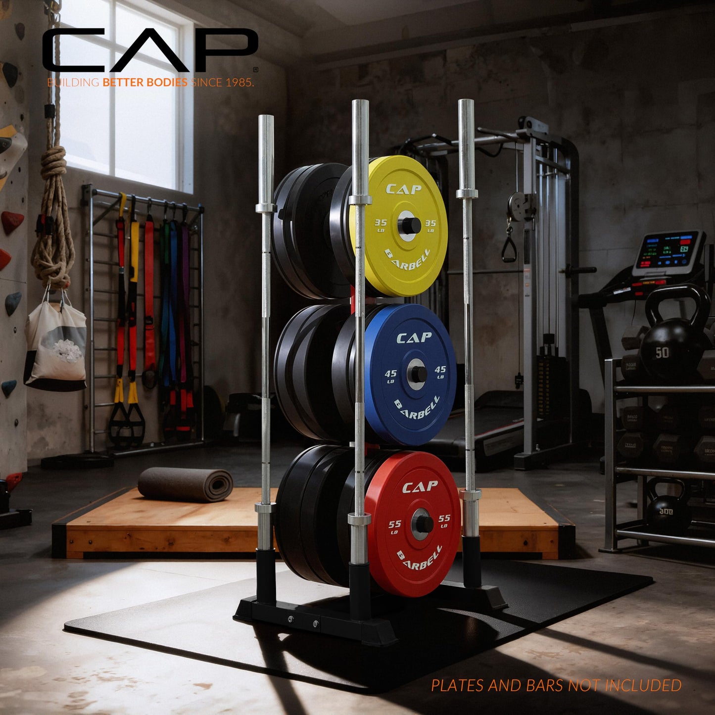 CAP Barbell Olympic Bumper Plate Tree Rack with 6 Weight Plate Posts and 4 Barbell Storage Holders – Heavy-Duty Steel Gym Organizer for Olympic Plates and Bars - Black/Red