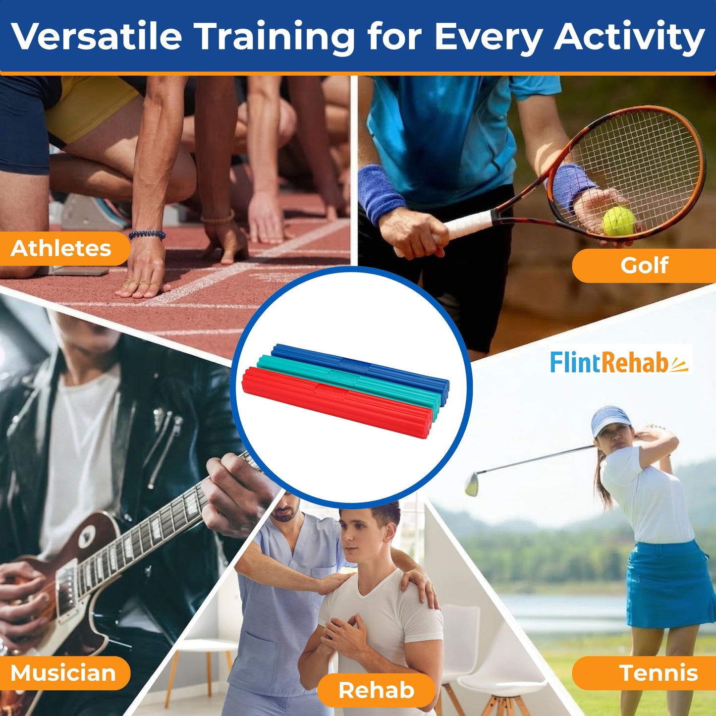 FlintRehab Flex Bars for Physical Therapy (3 Pack), Hand therapy Flex Bar, Resistance Bar for Golfers Elbow & Tendinitis, Tennis Elbow Exercise Devices, 3 Variable Twist Bar to Improve Grip Strength