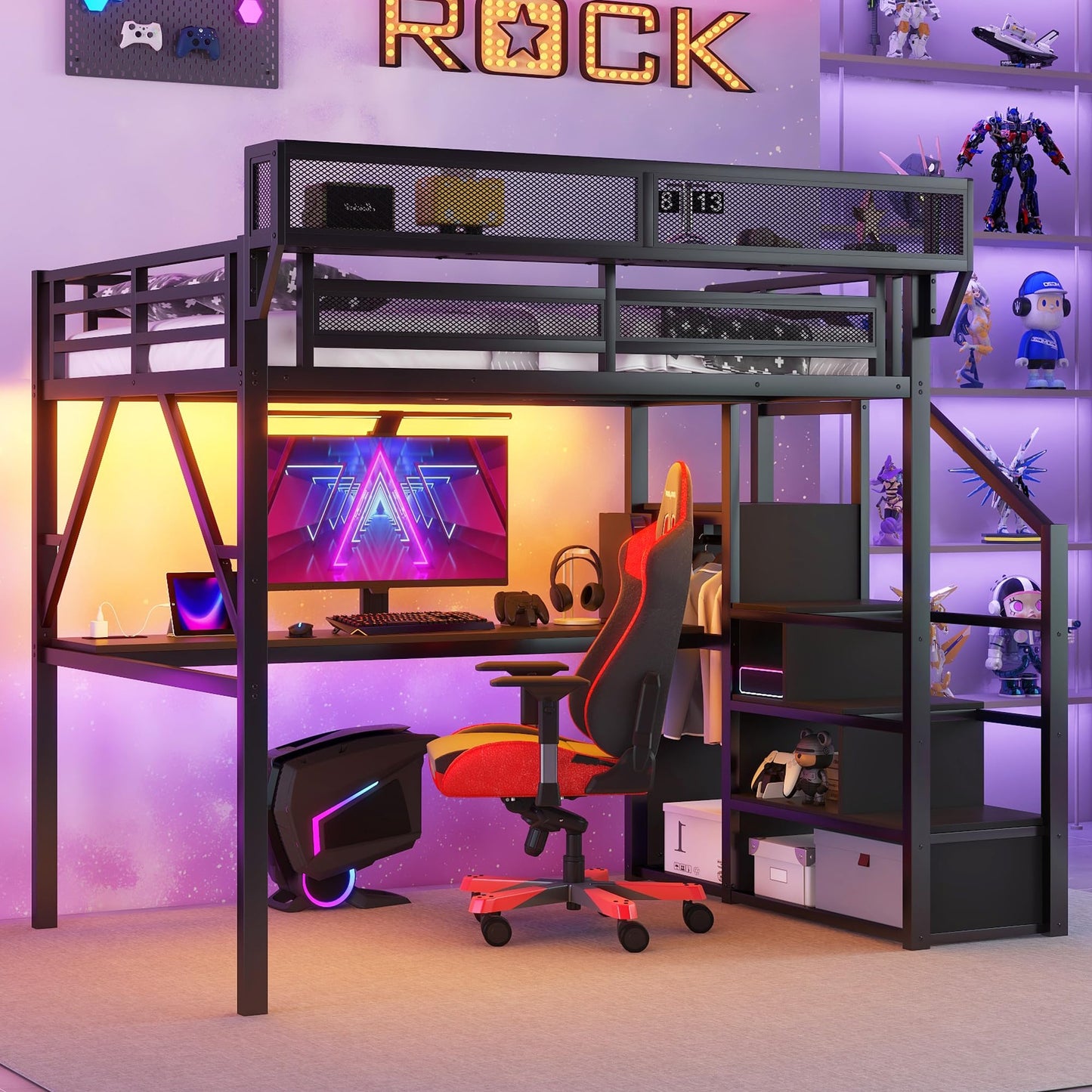 KEIKI Full Size Metal Loft Bed Frame with Desk, Staircase, Built-in Storage Shelves and Wardrobe, Modern Loft Bed with Solid Slats, Guardrail, No Box Spring Required, Easy Assembly, for Bedroom, Black