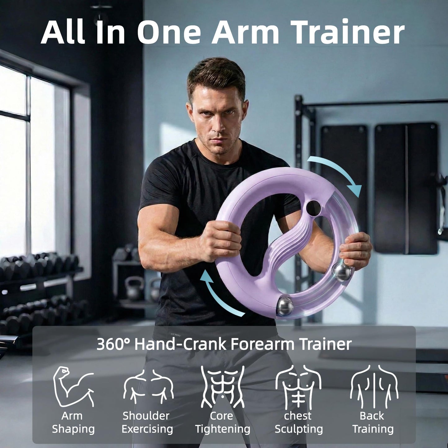 Arm Trainer for Women and Men, 360° Hand-Crank Forearm Trainer, Large Size Arm Workout Equipment for Dual-Arms Use, Home Workout Equipment for Arms, Chest, Shoulders, Back Strength (Purple)