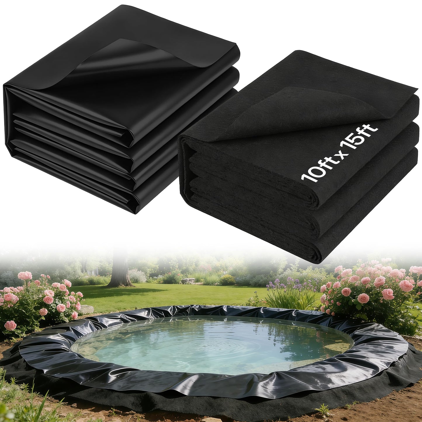 Chonway Heavy Duty Pond Liner Underlayment Combo - 10 X 15ft Non Woven Geotextile Fabric & 20 mil Pond Liners for Outdoor Ponds, Fish/Koi/Garden/Lifeguard Pond Liner